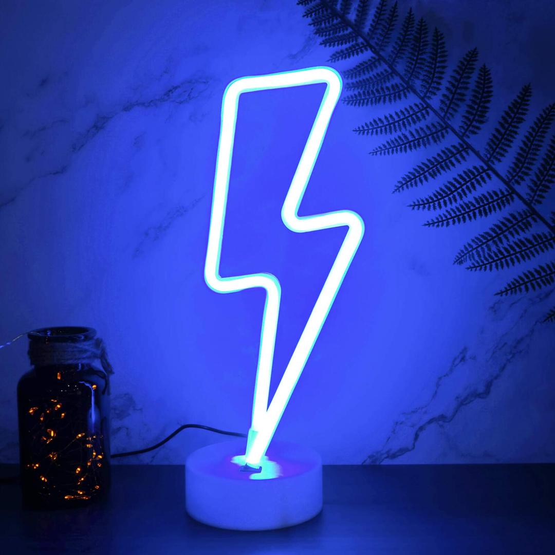 YIVIYAR LED Lights Lightning Bolt Led Neon Sign with Base USB/Battery Operated Neon Light Sign Cool Lamps Blue Neon Lights Room Decor for Bedroom Aesthetic Cool Decor