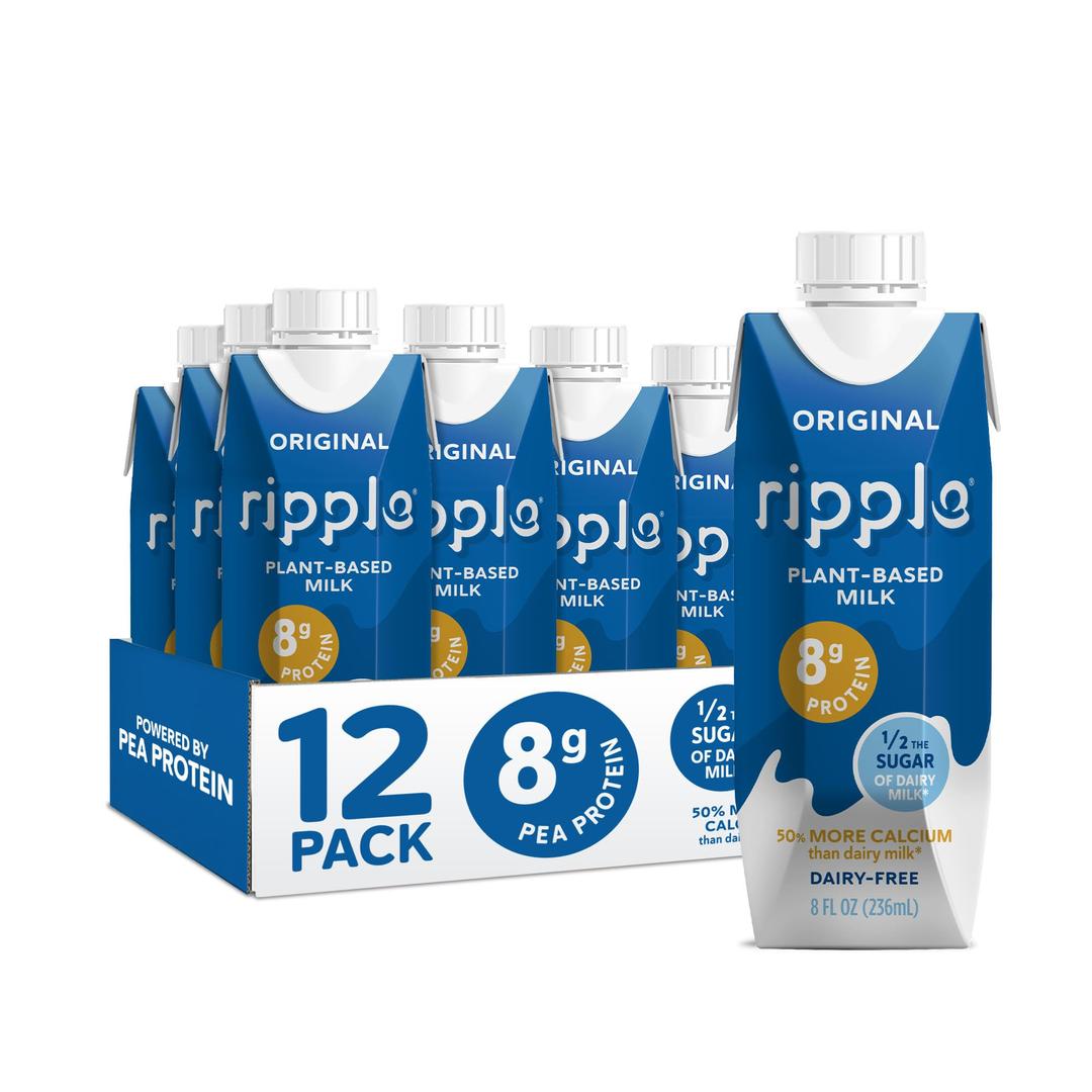 Ripple Non-Dairy Milk, Original | Vegan Milk With 8g Pea Protein| Shelf Stable Single Serve Cartons | On-The-Go | Non-GMO, Plant Based, Gluten Free | 8 Fl Oz (Pack of 12)