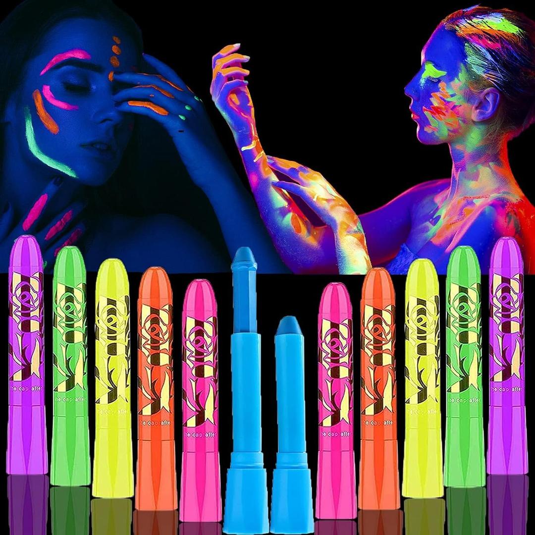 12 Pcs Glow in The Dark Body Face Paint Neon Glow in The Black Light UV Fluorescent Crayons Paint Sticks Makeup Kit for Kids Adults Halloween Masquerade Mardi Gras Blacklight Birthday Party