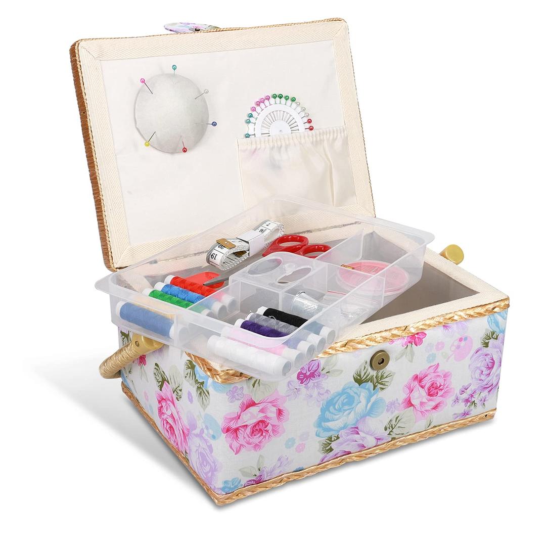 Navaris Sewing Box with Accessories - Sew Basket with Organizer Tray Compartments 9.7" x 6.9" x 4.9" - Includes 76 Piece Kit - Rose Print