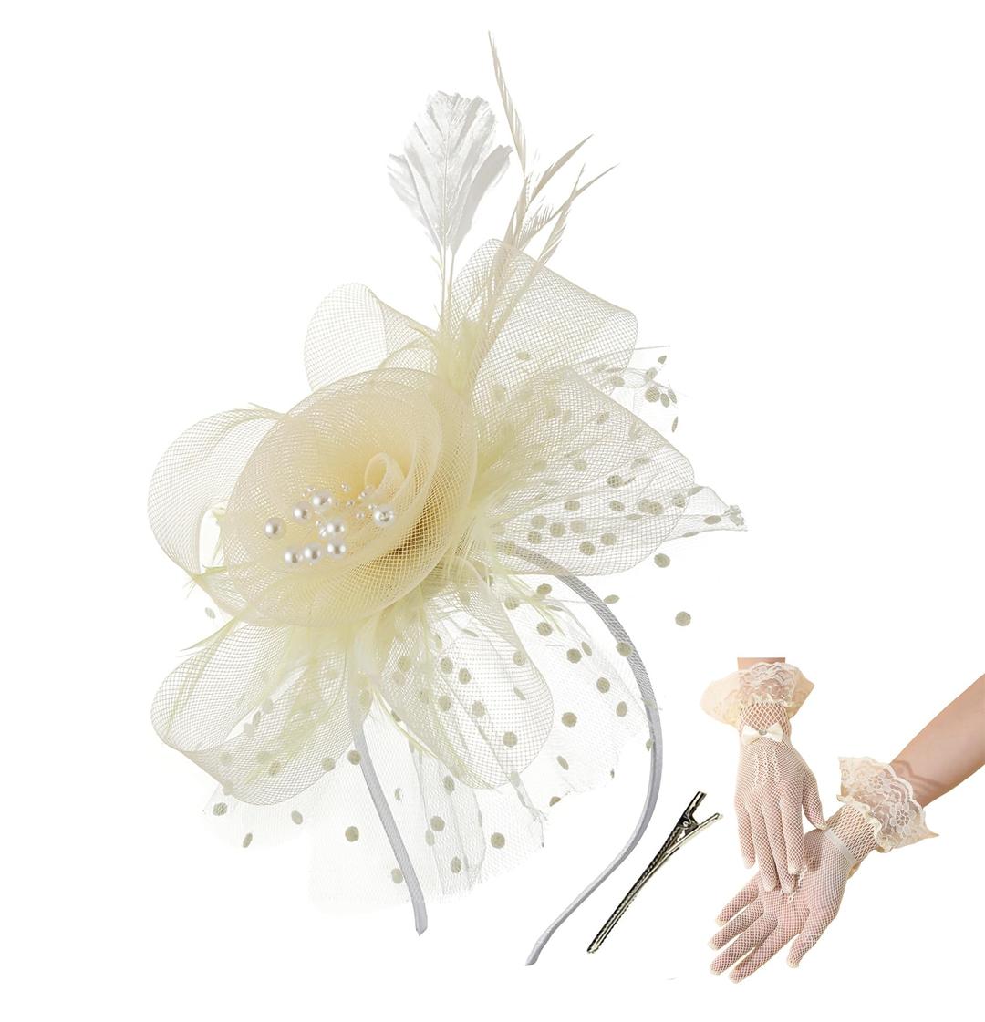 DurzasvoWomen's Fascinators Tea Party Wedding Derby Mesh Flower Pearl Feather Fascinator Hat with Headband and Clip and Lace Glove