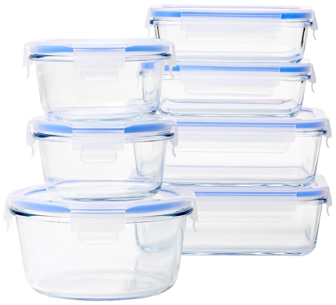 Amazon Basics Leak-Proof Glass Locking Lids Food Storage Containers, 14-Piece Set, 7 Count of Bases and 7 Plastic Lids, Clear, Blue, BPA Free, Dishwasher & Microwave Safe, for Meal Prep & Freezer