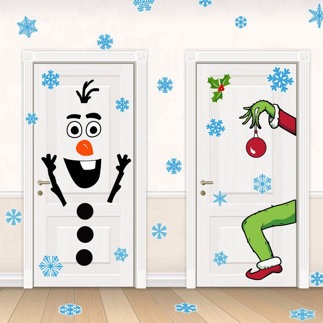 ROCWOHO 4 Sheets Christmas Door Stickers Decor Christmas Snowman Door Stickers Large Snowman Xmas Stickers with Snowflake Decals for Winter Door Window Refrigerator Decorations