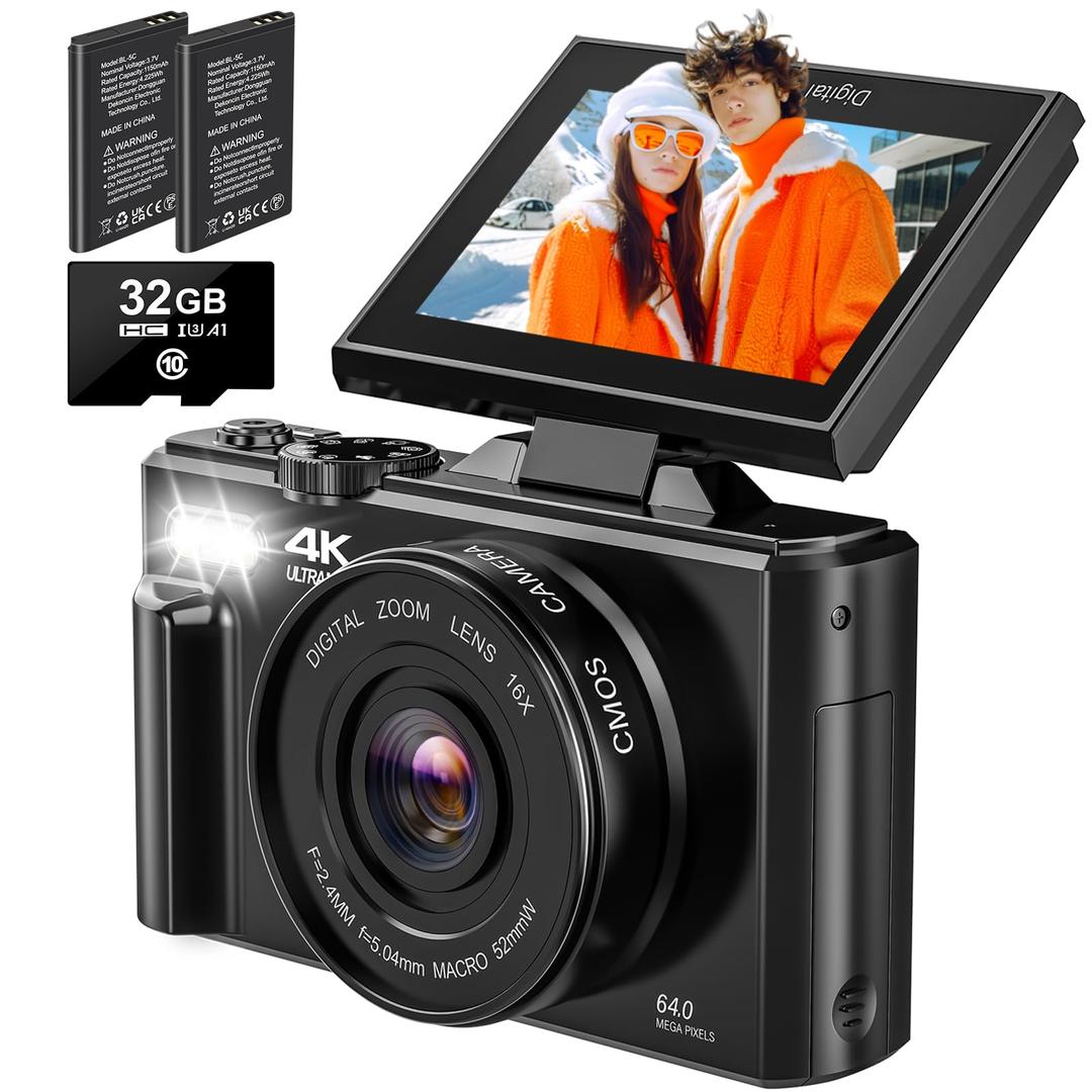 4K Digital Camera - Digital Cameras for Photography - 64MP Vlogging Camera for YouTube - Autofocus Video Camera 3" 180° Flip Screen with 18X Zoom - Compact Travel Cameras with 32GB SD Card 2 Batteries