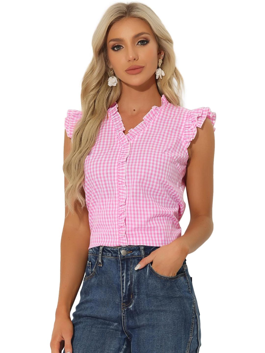 Allegra KRuffle Shirt for Women's 50s V Neck Cap Sleeve Plaid Gingham Blouse