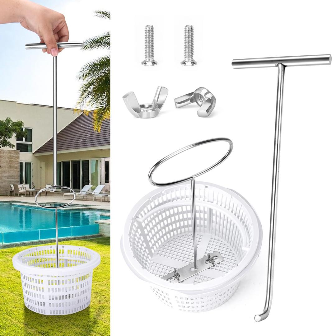 Skimmer Basket Handle Hook, Pool Skimmer Basket Hook, Universal Pool Skimmer Basket with Handle Fit All Skimmer Basket for Debris Removal, Keep Hands Safe and Clean (Skimmer Basket Handle & Hook)