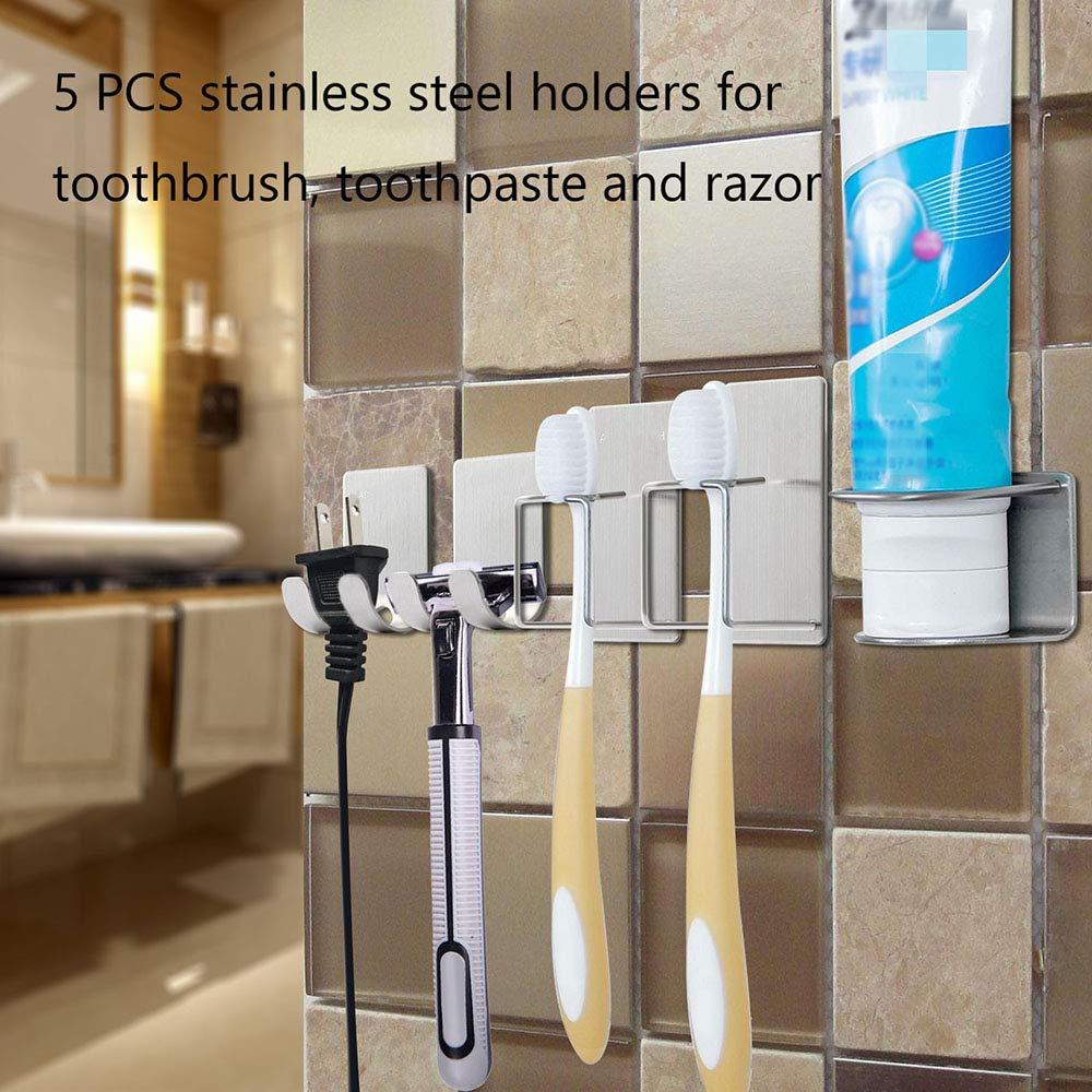 ADAN HEALTH 5PCS Holder for Toothbrush, Toothpaste, Razor, Bathroom Wall Mounted Holder, Bathroom Organize Holder Hooks, Adhesive Stainless Steel Stands (5)