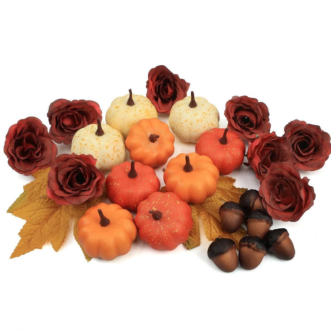 Fake Pumpkins, 25 Pcs Orange Artificial Pumpkins with Maple Leaves, Plastic Pumpkin Acorns Rose Artificial Flowers Fall Decoration Kit for Thanksgiving Halloween Table Decoration