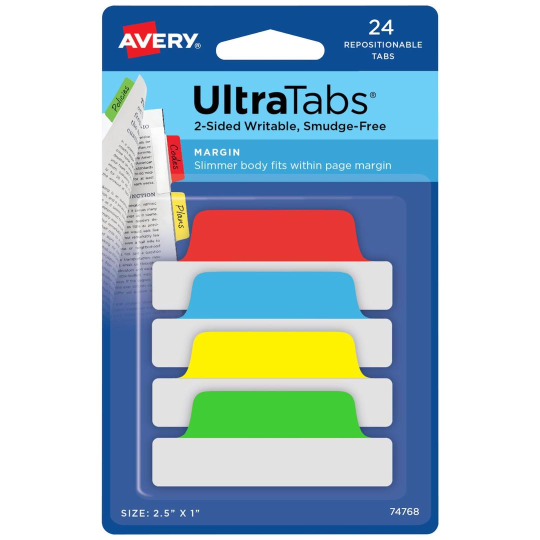 AVERYMargin Ultra Tabs, 2.5" x 1", 2-Side Writable, Assorted Colors, 24 Repositionable Page Tabs (74768)