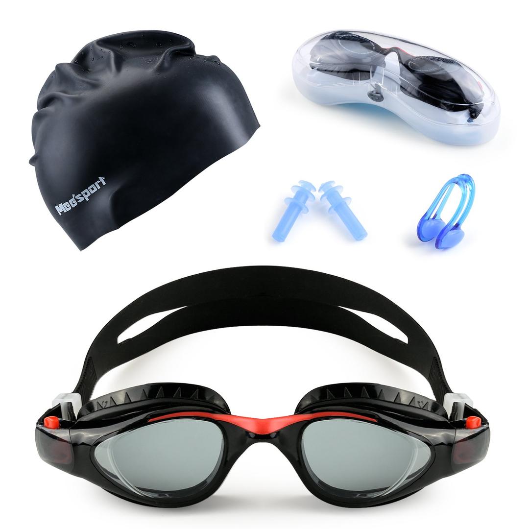 Mee'sport Kids Swim Goggles Set With Anti Fog UV Protection Swimming Goggles Swim Cap and Ear Plugs Nose Clip Swimming Equipment Toys Games Triathlon Equipment for Youth Kids Boys Girls and Early Teens