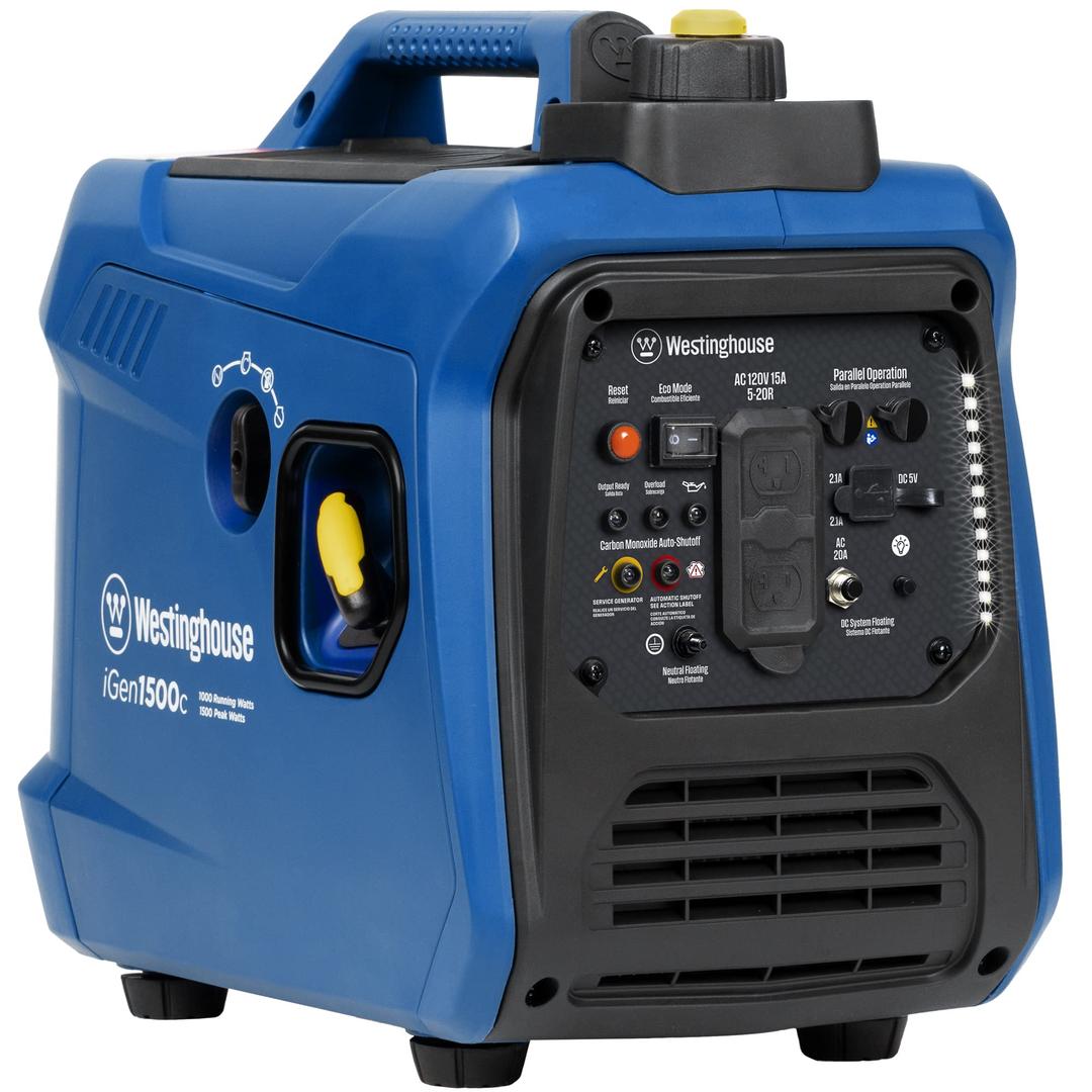 Westinghouse1500 Peak Watt Super Quiet & Lightweight Portable Inverter Generator, Gas Powered, CO Sensor, Parallel Capable, Long Run Time,Blue