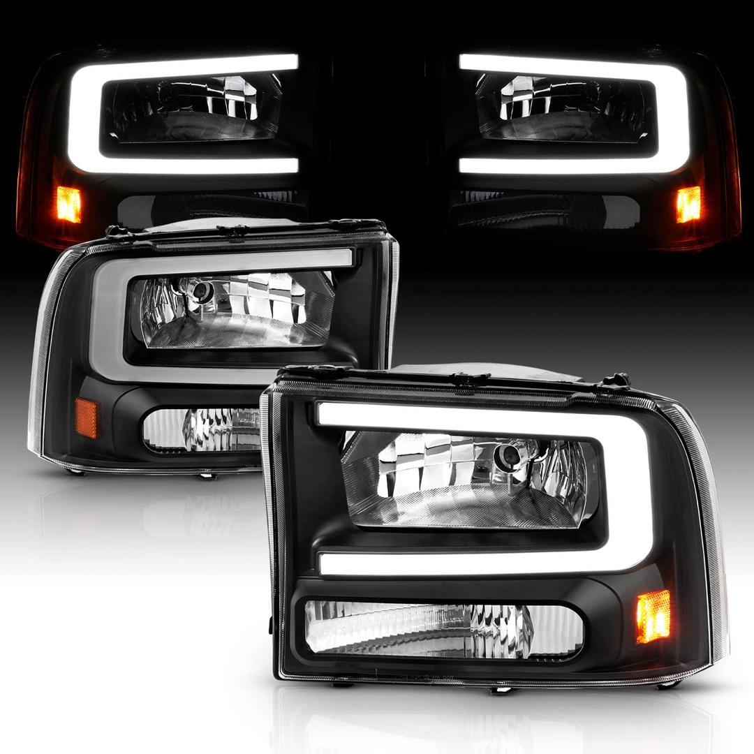 AmeriLite for 1999-2004 Ford F250 F350 F450 Superduty | 00-04 Excursion C-Type LED Tube Black Replacement Headlight Pair - Passenger and Driver Side