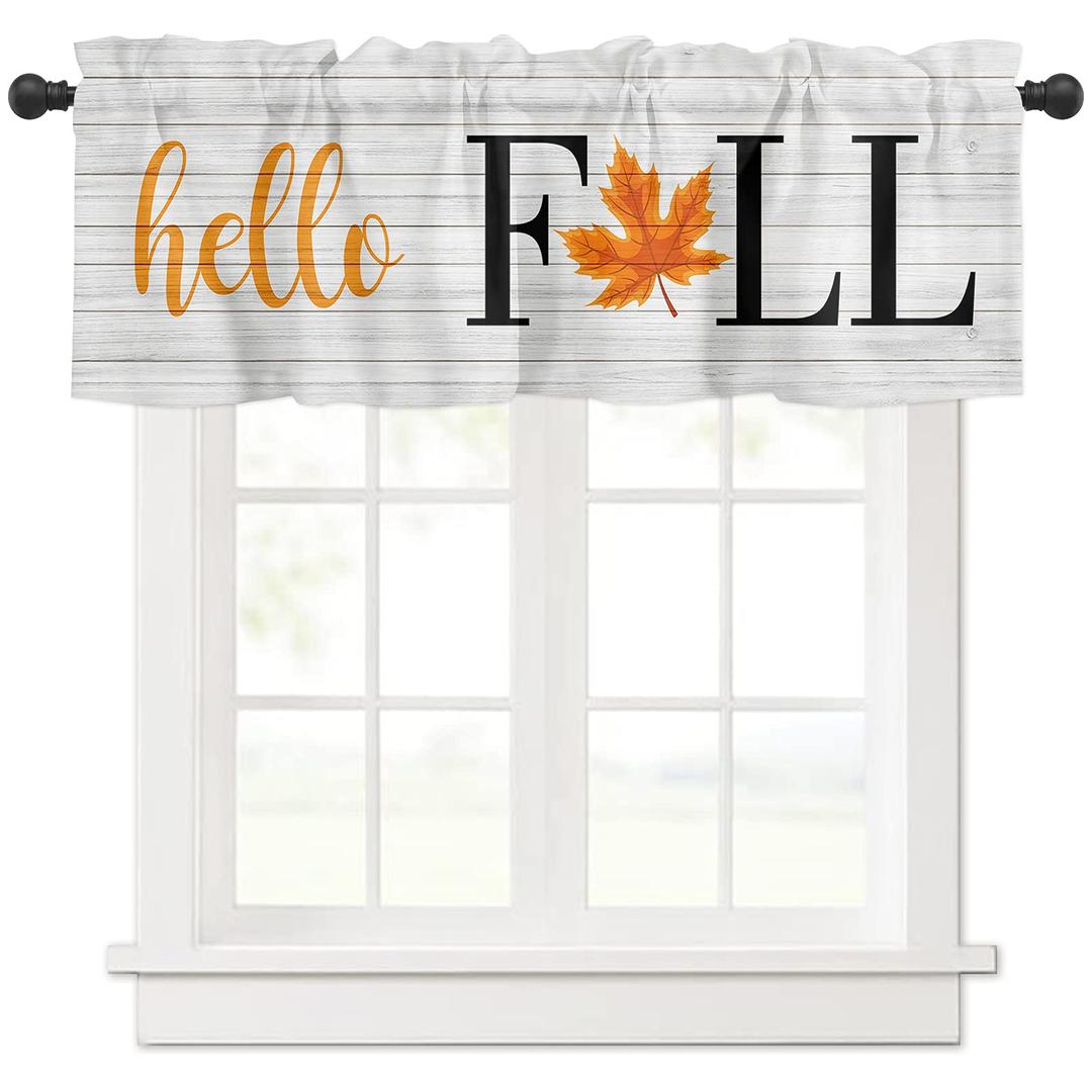 Window Valance Rod Pocket Short Curtain Panels Hello Fall Orange Maple Leaf on Wood Grain Kitchen Valances Curtains, Farmhouse Retro Window Treatments Drapes for Living Room Bedroom Decor, 54x18In