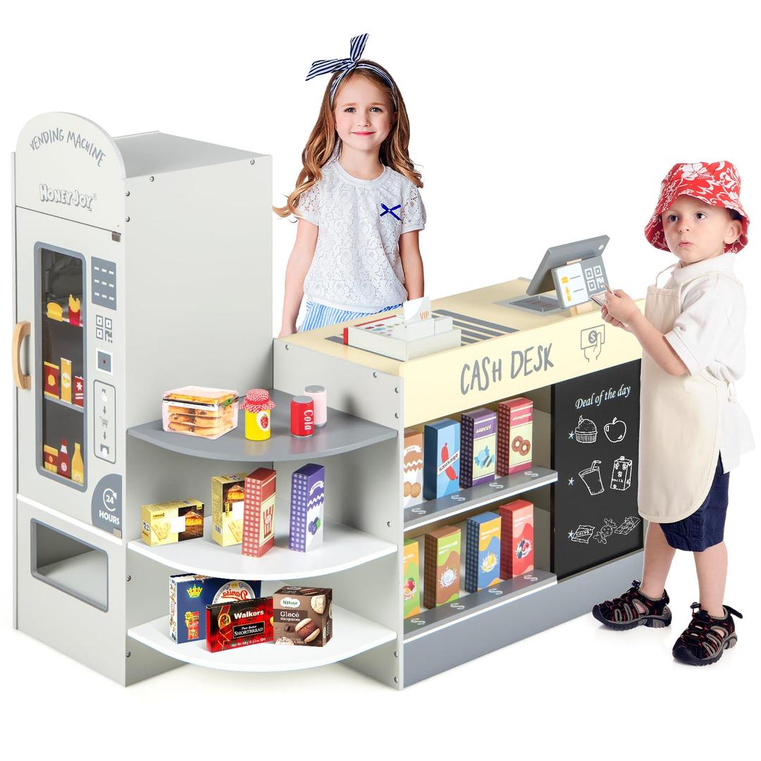 HONEY JOY Kids Grocery Store Playset, Wooden Supermarket Playset w/Cash Register & Vending Machine Toy, Blackboard, Checkout Counter Stand, Grocery Store Pretend Play for Toddler Boys Girls (Gray)