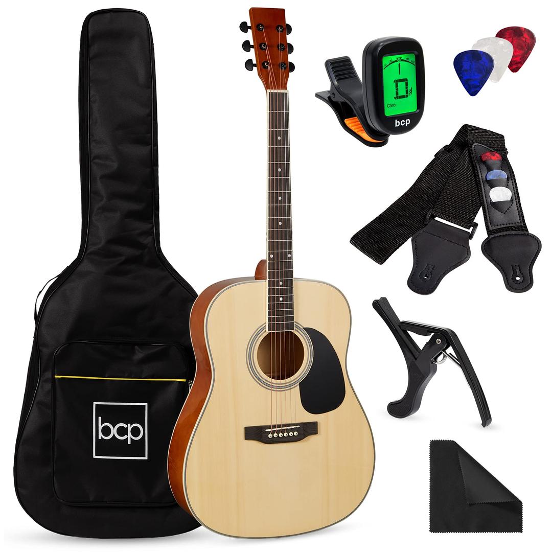 Best Choice Products41in Full Size Beginner All Wood Acoustic Guitar Starter Set w/Case, Strap, Capo, Strings, Picks - Natural