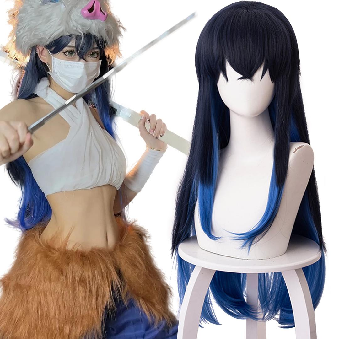 maysuwellAnime Cosplay Wig Inosuke Female Wig Demon Slayer Cosplay Costume with Long Black Blue Straight Hair for Women Halloween, Christmas, Cosplay Party + Wig cap