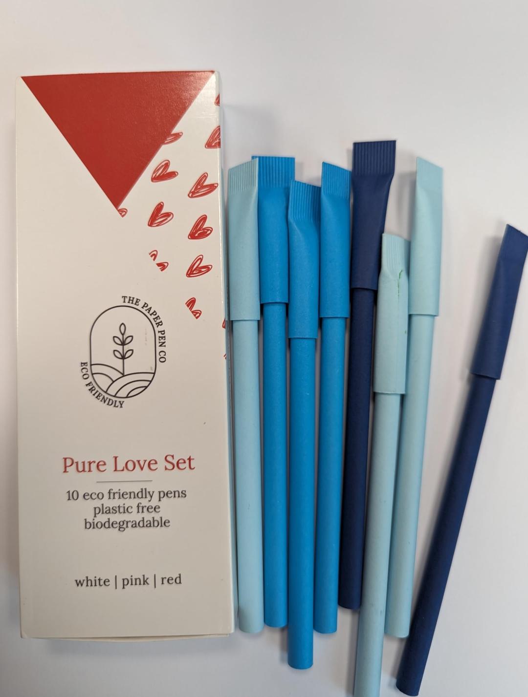 eco-friendly pen - crafted from 100% recycled paper, plastic-free, black Ink, pack of 10, Blue Lagoon set