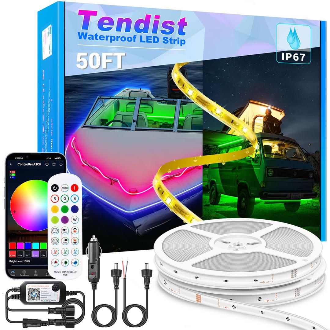 LED Boat Lights Strip 50FT, IP67 Marine LED Strip Pontoon Boat Light App Control, 12V RGB Waterproof Boat Interior Light, Night Fishing Lighting for Bass Boat, Kayak, Jon Boat, Deck