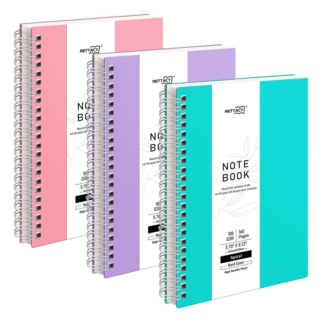 RETTACY A5 Spiral Notebook 3 Pack, Wirebound Colorful Notebooks 80sheets/160 Pages for Writing,100gsm College-Ruled Paper, PVC Hardcover, for Women Men Work Office School,14.5 x 21cm