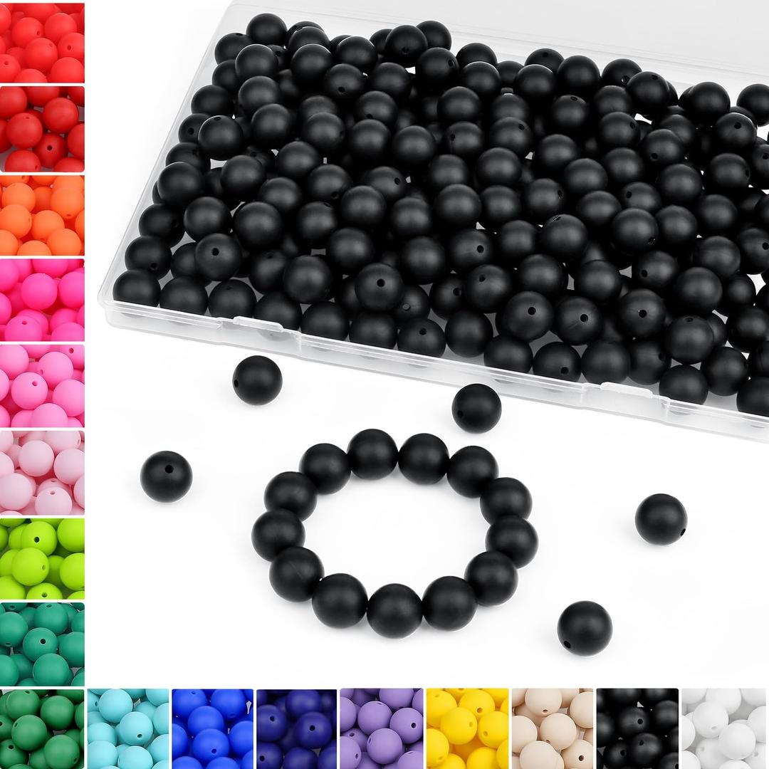 MAIBAOTA 120 Pcs Black Silicone Beads 15 mm Silicone Beads Bulk for Keychain/Pens/Bracelet/Necklace Making Rubber Round Silicone Beads for Craft Making（with Boxed Kits）