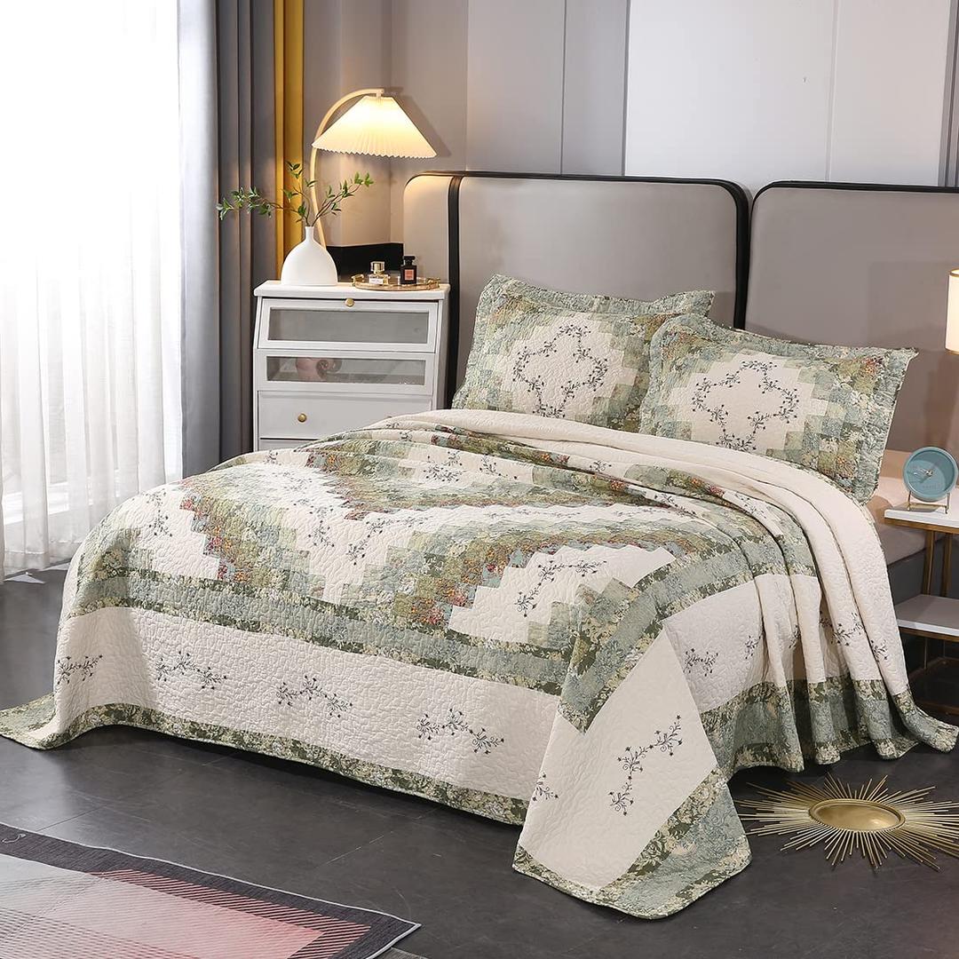 vctops 3 Piece Embroidered Floral Quilted Bedspread Quilt Set Oversize Queen 100% Cotton Reversible Patchwork Coverlet Set 1 Quilt and 2 Pillow Shams (Green B,96"x110")