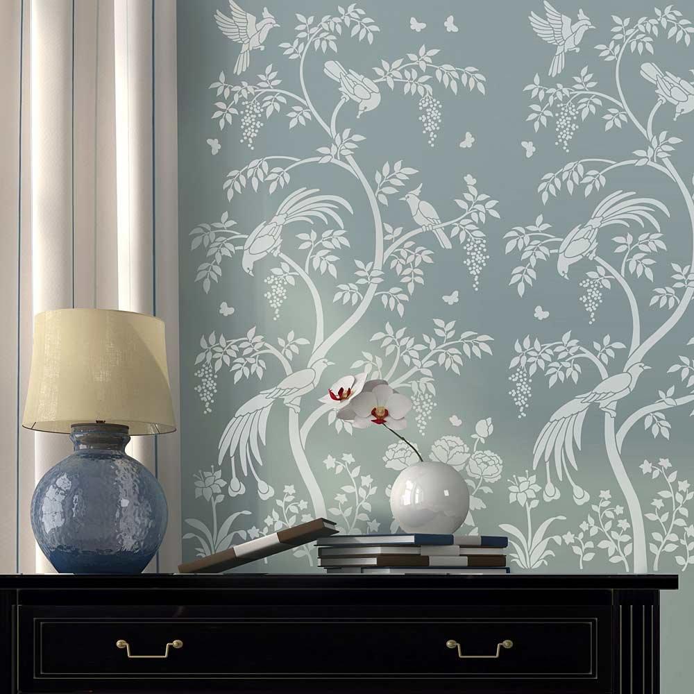 Birds and Berries Chinoiserie Wall Mural Stencil - Wall Painting Stencils for Easy Room Makeover – Large Stencil for Painting Walls – Stenciling Instead of Wallpaper Saves Money – (Small)