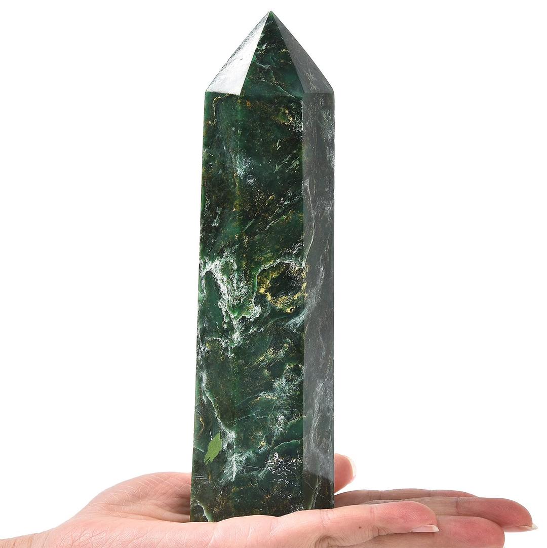 AMOYSTONELarge Crystal Obelisk Emerald Quartz Tower Green Healing Crystal Wand Point 6 Faceted Reiki Meditation Stone 1.1-1.7 LBS