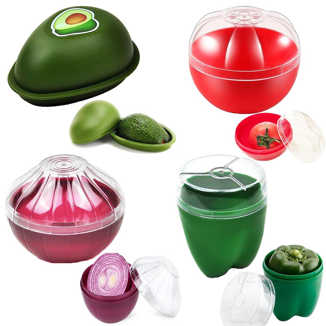 4 Pieces Fruit and Vegetable Storage Containers for Fridge, Onion Holder Storage Avocado Green Pepper Tomato and Onion Keeper/Saver/Holder, Makes Food Stays Fresh Longer