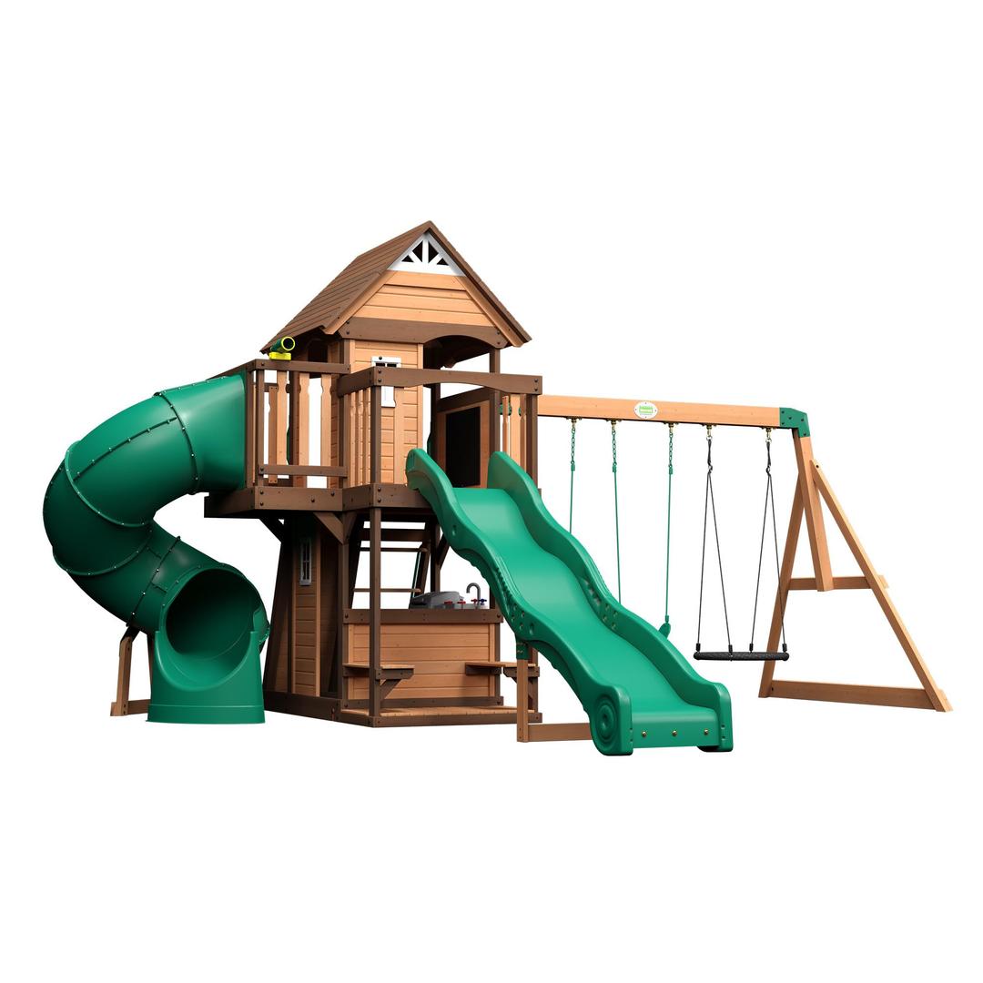 Backyard Discovery, Cedar Cove Wood Swing Set, Playground Fort, Chalkboard, Telescope, Dual Slide, Kitchenette, Wide Swing Lanes, 5ft Rock Wall, Step Ladder