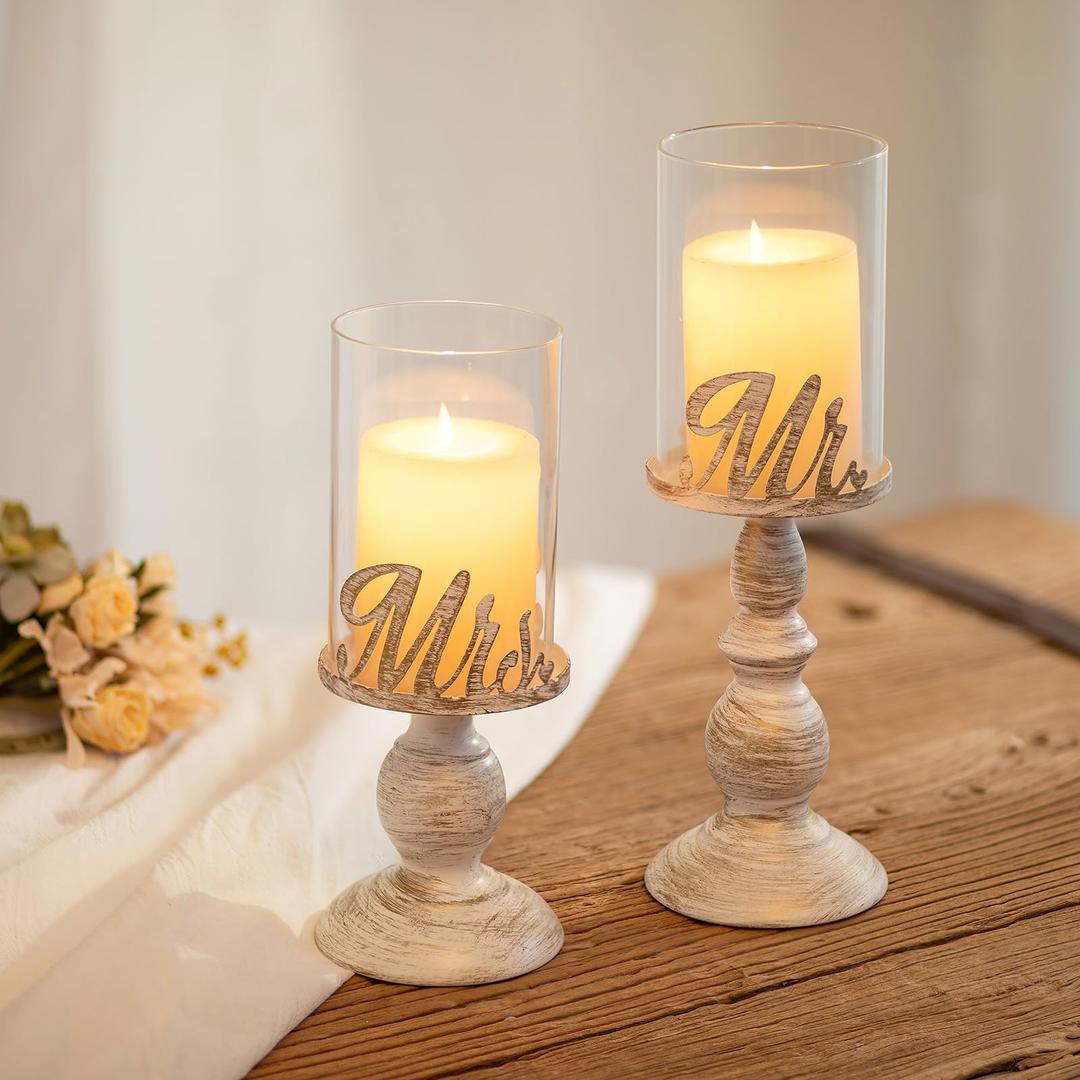 Sziqiqi Pillar Candle Holders for Mr Mrs Bride Groom Wedding Table Centerpiece - Glass Hurricane Candle Holders for Pillars Disstressed Metal Candles Gifts for Couples Engagement Weddings