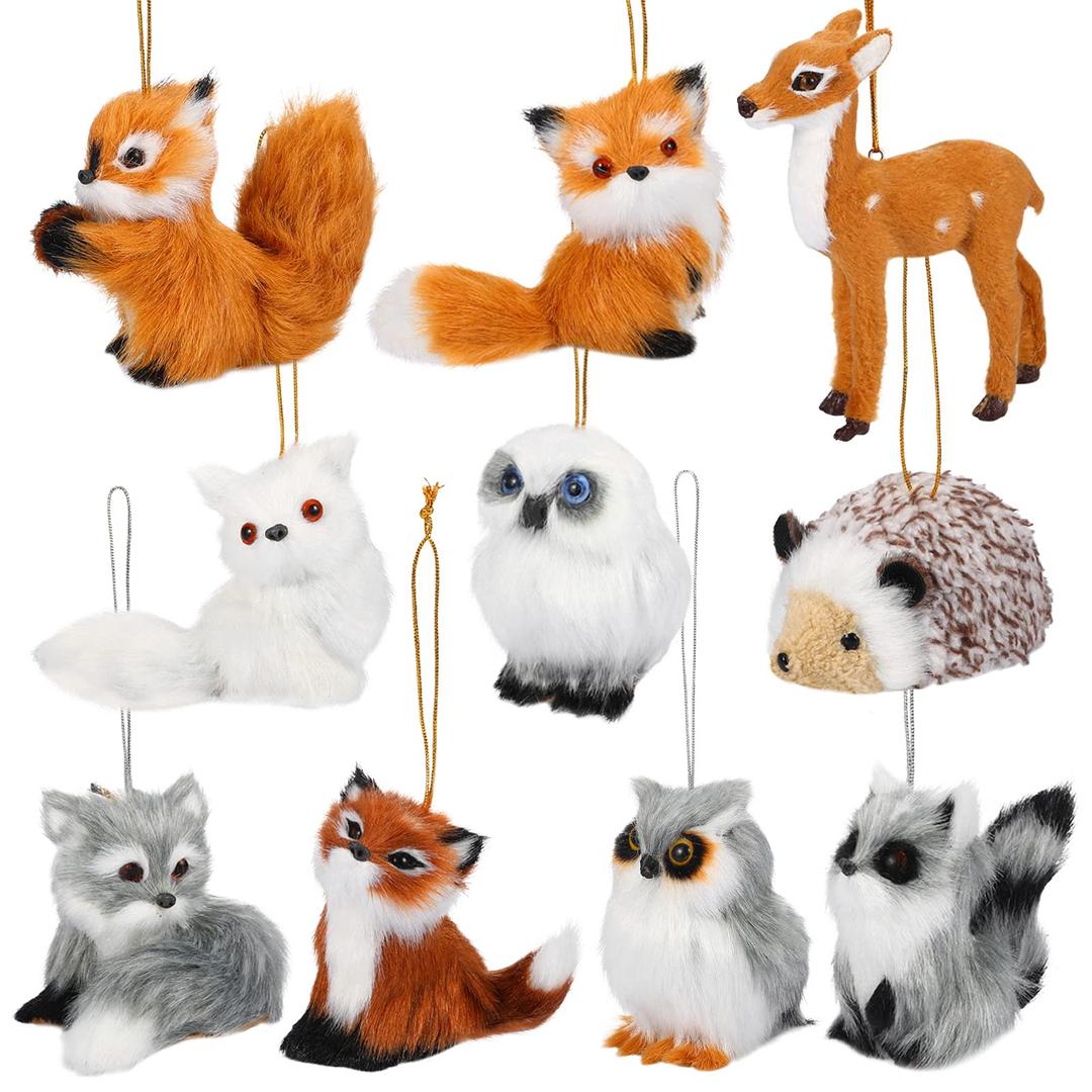 Skylety 10 Pieces Woodland Animal Christmas Ornaments Faux Fur Plush Animal Hanging Ornaments for Christmas Tree Keychain Backpack Hanging Home Decoration(Animals)