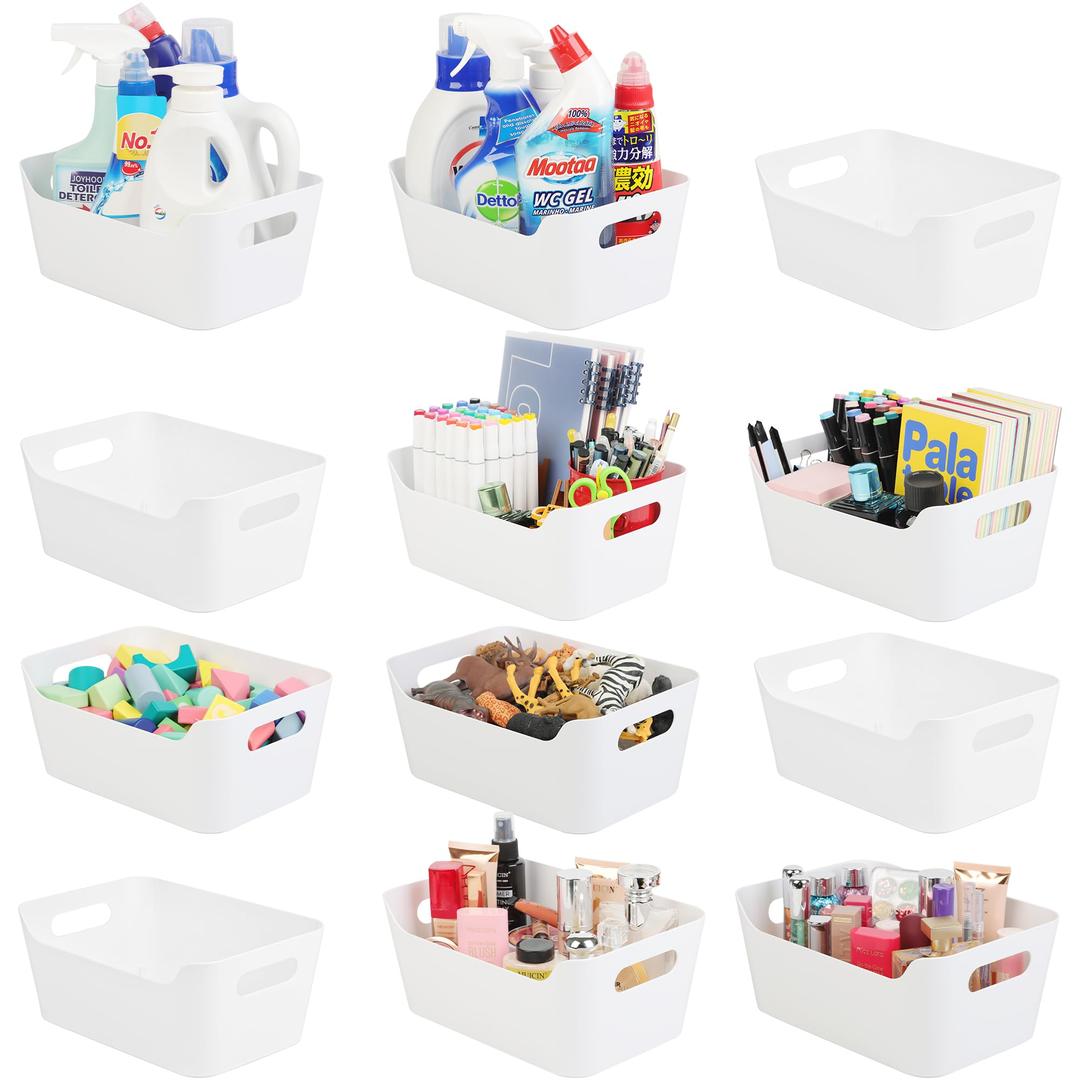 Tiawudi 12 Pack Storage Bins, Plastic Storage Containers, Multi-Use Organizer Bins, White Closet Organizer, Pantry Organizer, Bins for Cabinet, Drawer, Countertop or Shelves