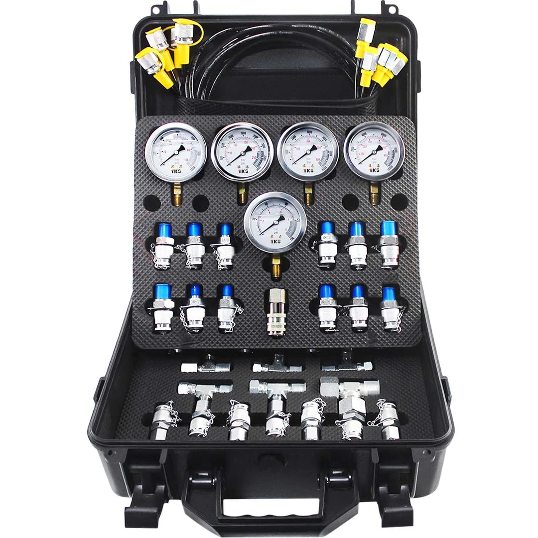 VEVOR Hydraulic Pressure Test Kit, 10/100/250/400/600bar, 5 Gauges 13 Test Couplings 14 Tee Connectors 5 Test Hoses, Hydraulic Gauge Kit with Sturdy Carrying Case, for Excavator Construction Machinery