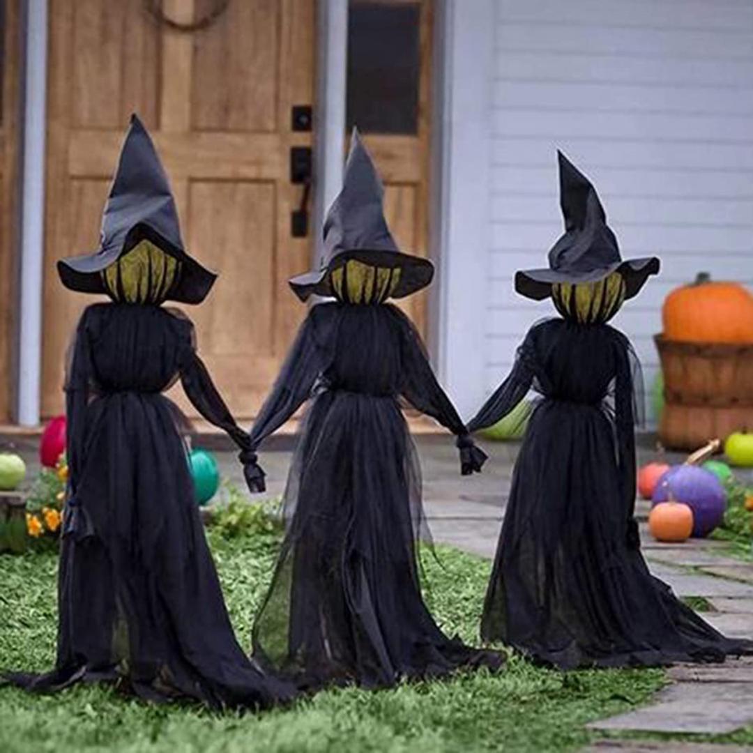 clyqyy Visiting Light-up Witches with Stakes -Halloween Voice Control Induction Holding Hands Witch,Outdoor Garden Decorations,Waterproof Life Size for Outside Home Party Decor (Black -3PCS)