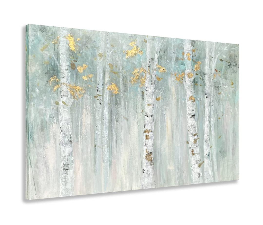 Yihui Arts Birch Tree Canvas Wall Art with Gold Foil - Abstract Forest Paintings with Textured - Green Landscape Pictures for Living Room Bedroom Bathroom Decor