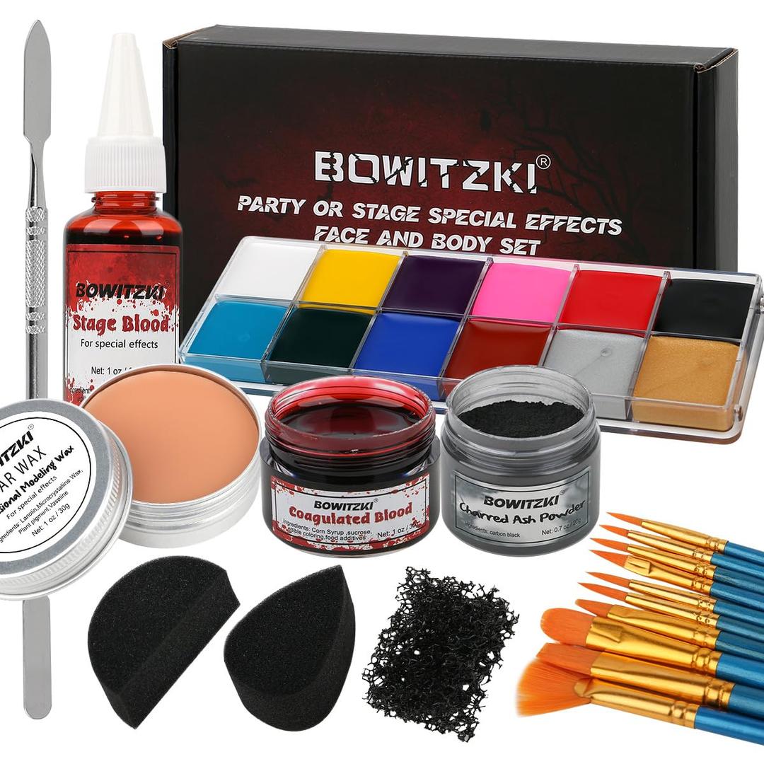 BowitzkiHalloween Makeup Special Effects Oil Face Body Paint Fake Blood Scar Wax Charred Ash Powder with Sponges Brush Halloween Party SFX Cosplay