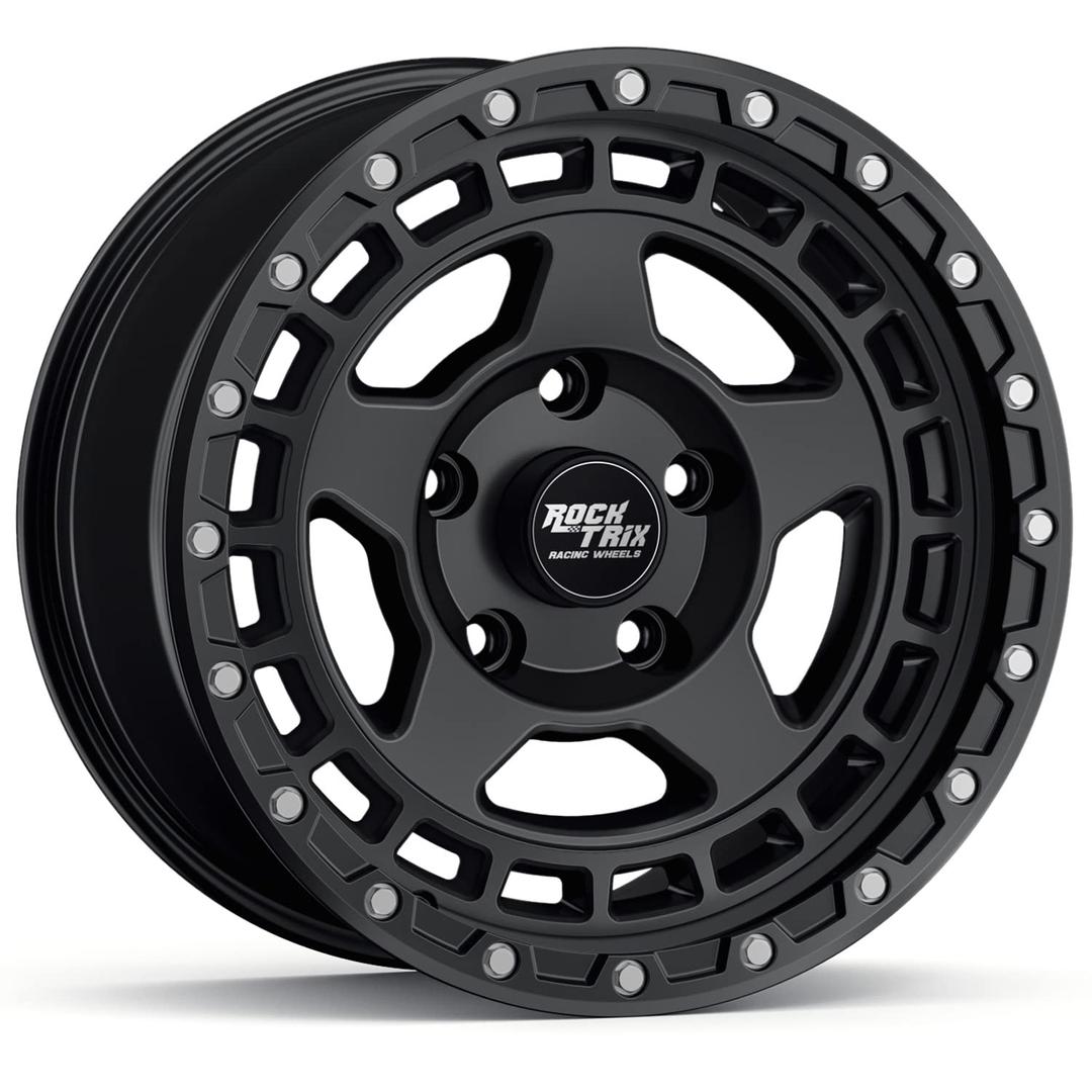 RockTrix RT115 17 inch Wheel Compatible with Jeep Wrangler JK JL 17x9 5x5 Wheels (+12mm Offset, 5.5in Backspace) 5x5 PCD, 71.5mm Bore, Black, Also fits Commander Grand Cherokee Gladiator JT Rims