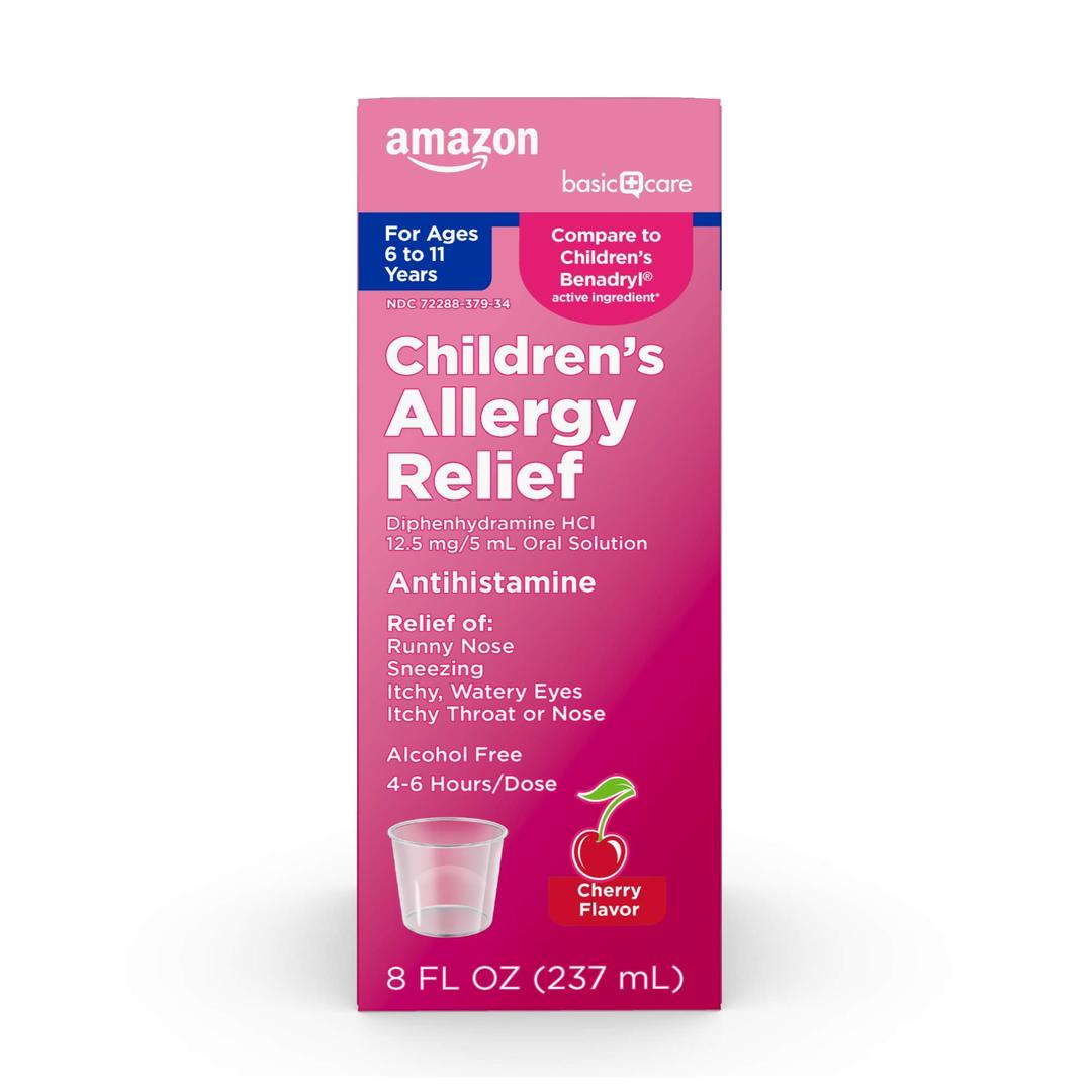 Amazon Basic CareChildren's Allergy Relief Liquid, Kids Allergy Medicine with Diphenhydramine HCl, Antihistamine, Cherry Flavor, for Children Ages 6-11 Years, 8 fl oz (Pack of 1)