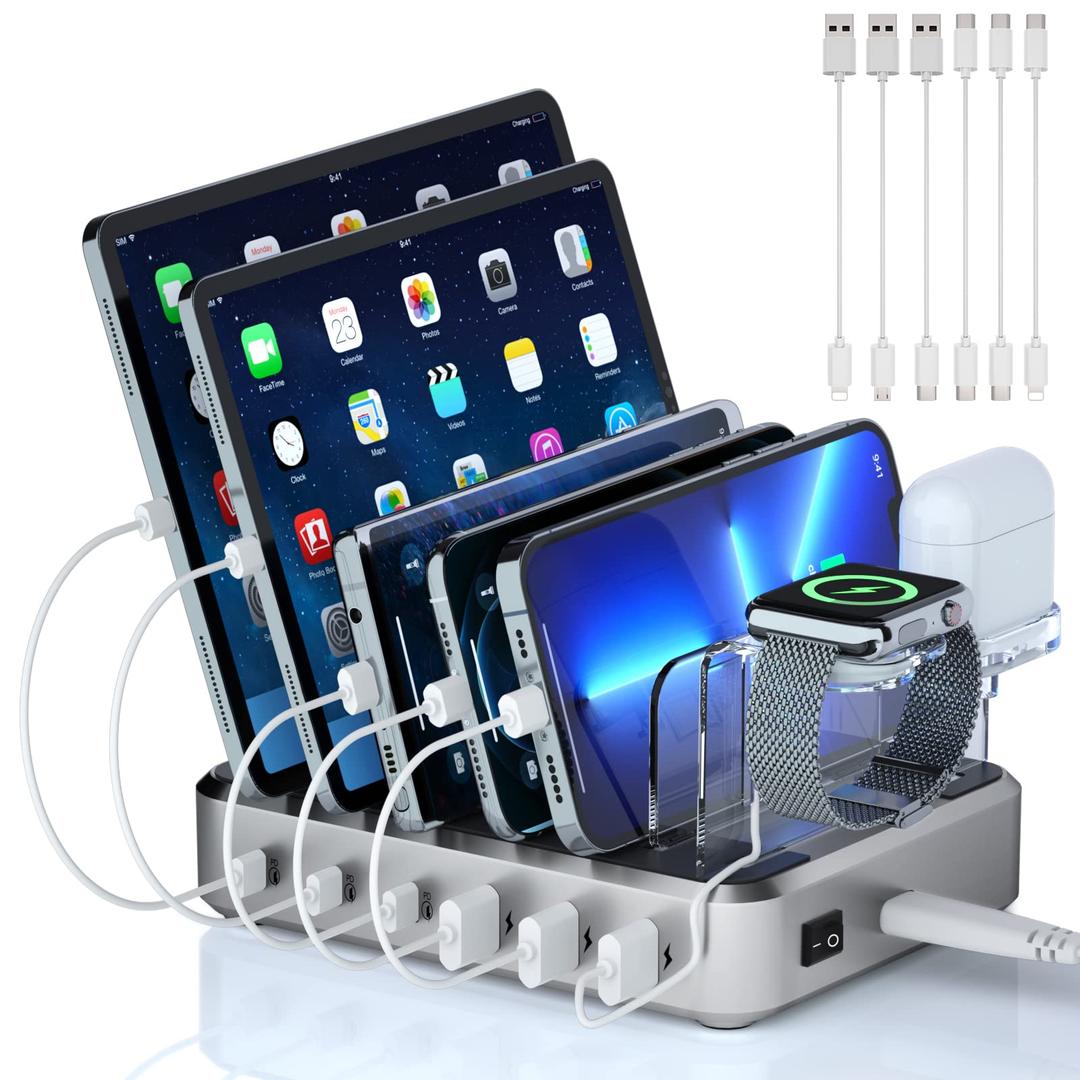 Charging Station for Multiple Devices - TYCRALI 81W 6 Port USB C Charging Station with 3 20W PD Charger, Phone and Watch Charging Stand for iPhone iPad iWatch AirPods Samsung Android Products