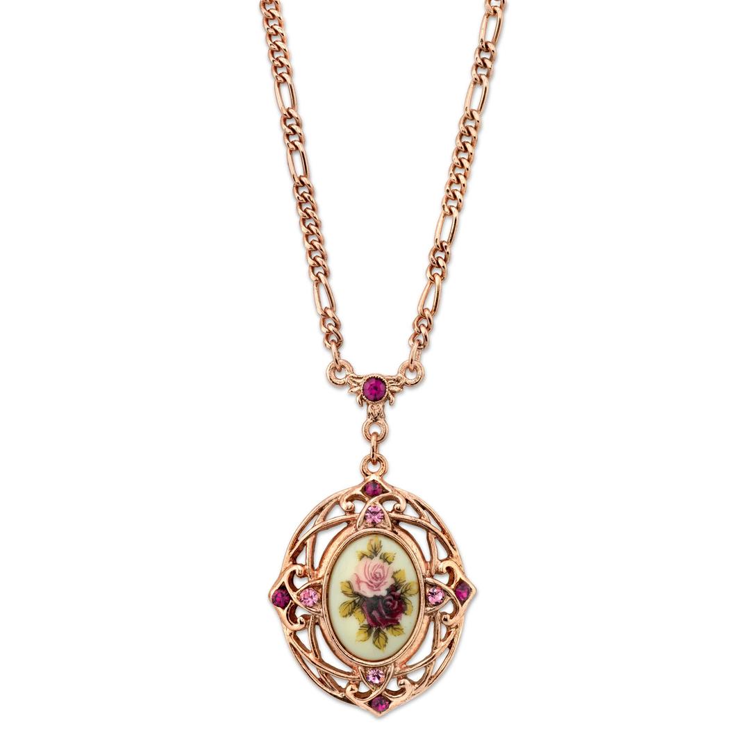 1928 Jewelry Company1928 Jewelry Women's Rose Gold Tone Manor House Rose Purple Crystal Flower Pendant Necklace 28"