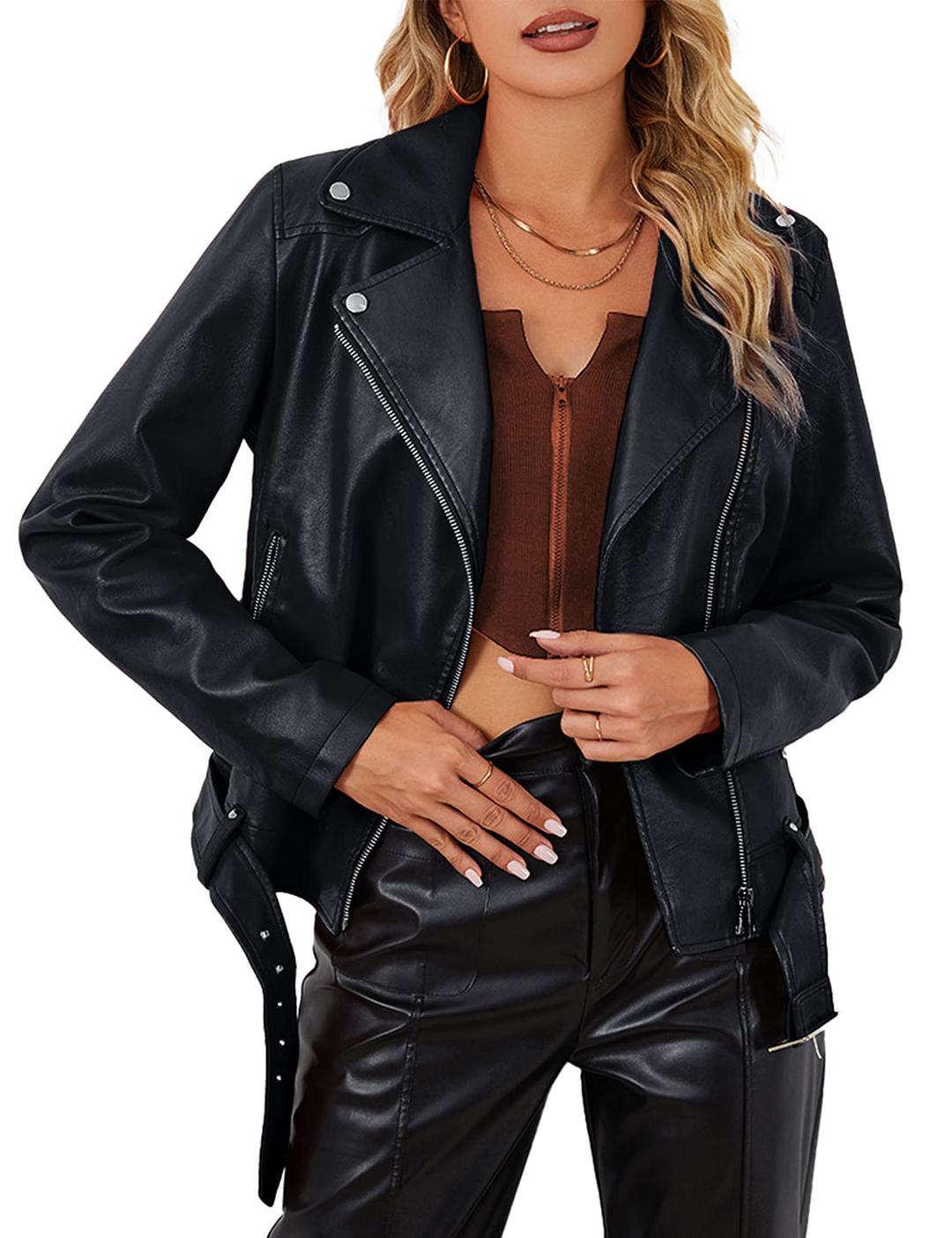 BelliveraWomen Faux Leather Casual Jacket, Fall and Spring Fashion Motorcycle Bike Coat