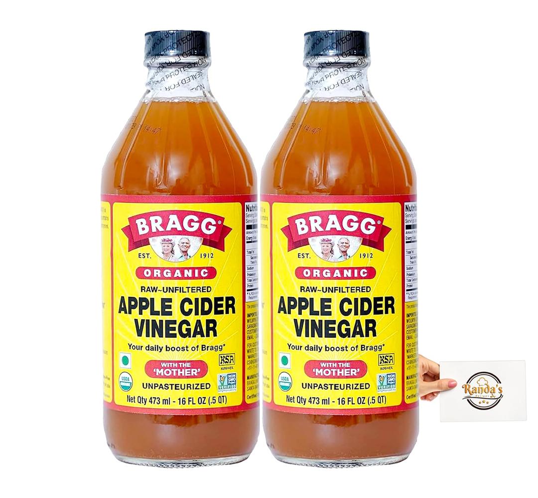 Bragg Organic Apple Cider Vinegar With the Mother– USDA Certified Organic – Raw, Unfiltered All Natural Ingredients, 16 oz. with Recipe Card 2-Pack Bundle