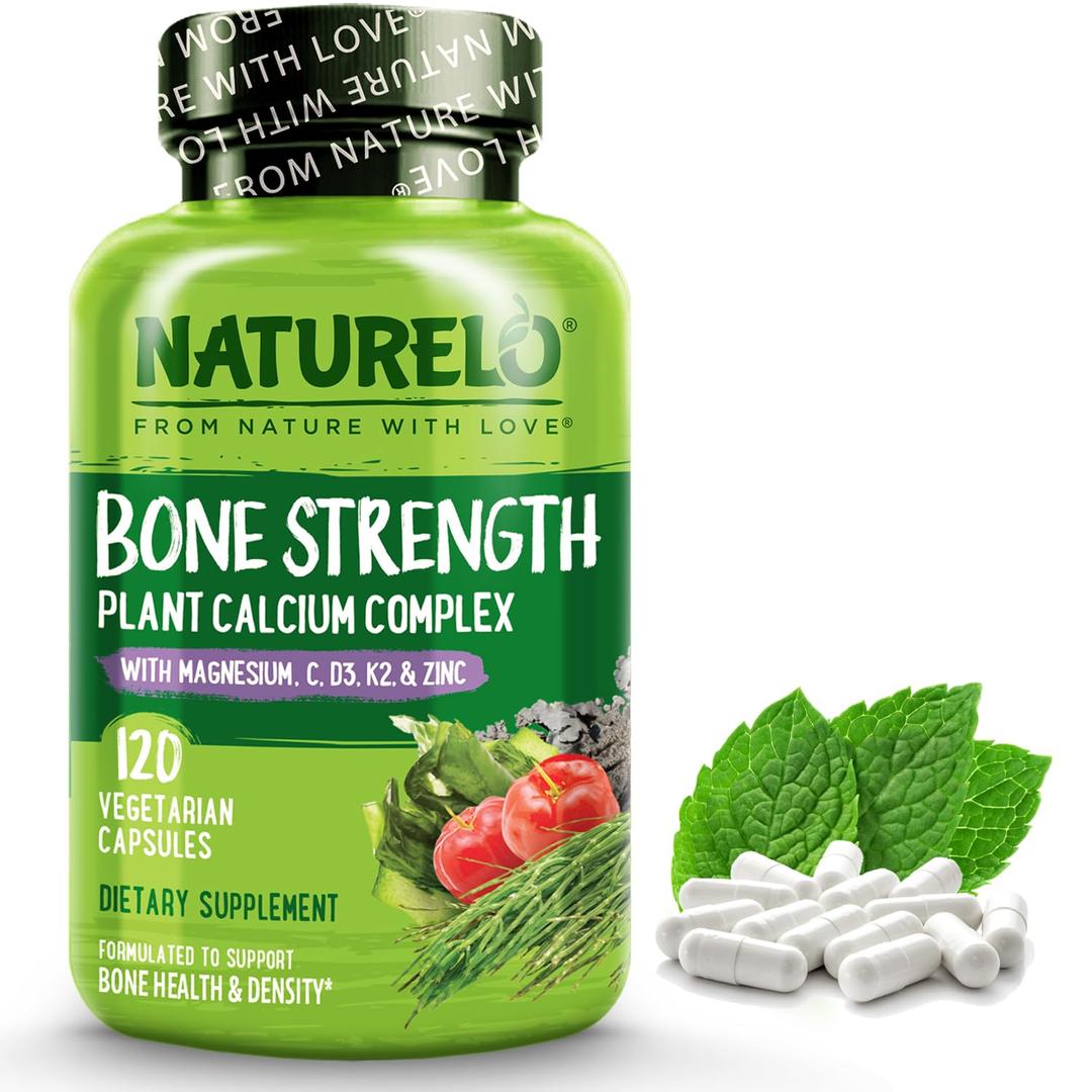 NATURELOCalcium Supplement - Bone Strength with Calcium 600mg, Vitamin D3, K2, C, Magnesium Zinc - Plant-Based, 120 Vegetarian Capsules, Non-GMO, Soy & Gluten-Free