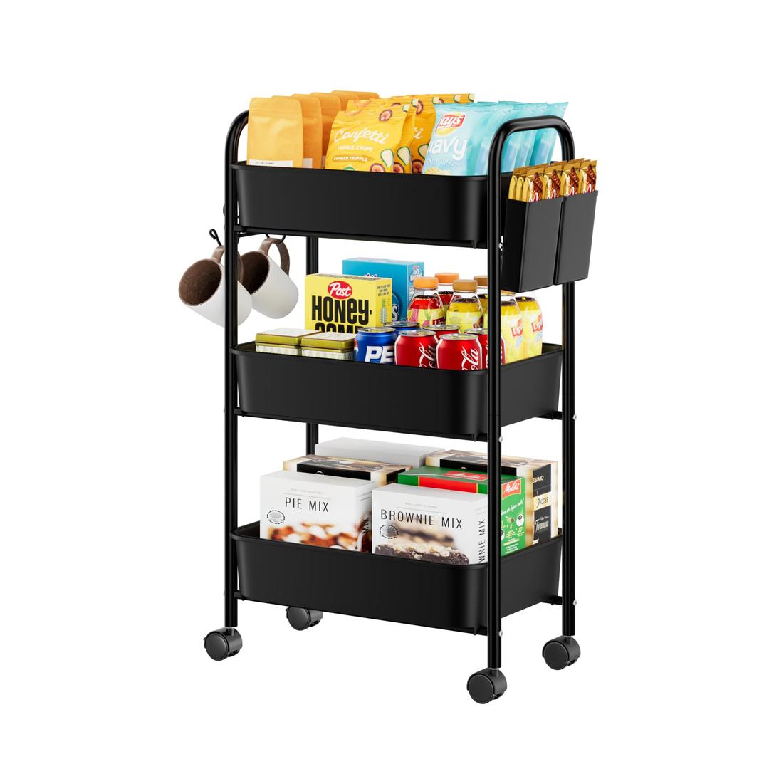 Simple Trending 3 Tier Rolling Storage Cart, Utility Organizer Shelves with Wheels for Kitchen Bathroom, Basket 17.5"x12" Black