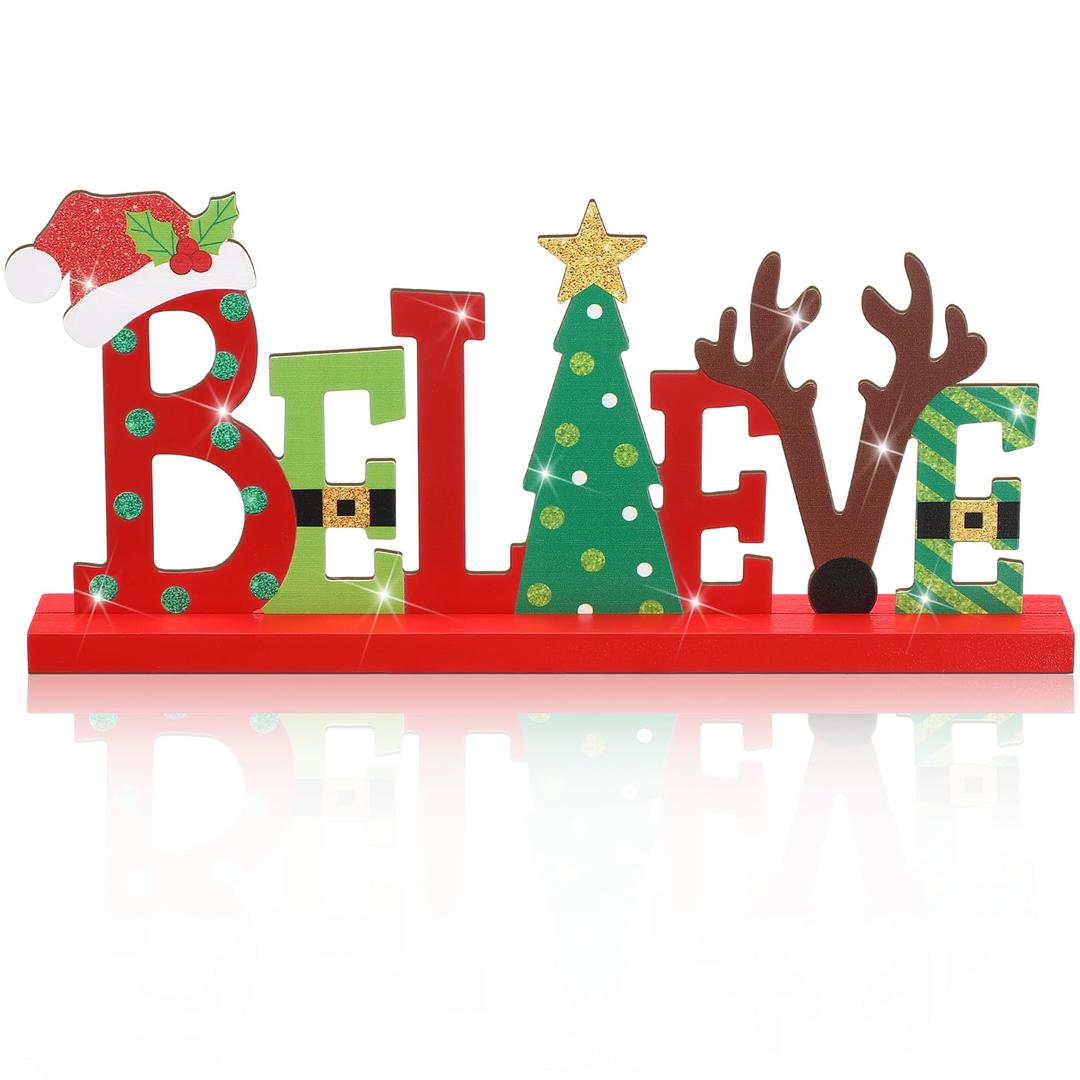 Metal Christmas Sign Believe Tabletop Decoration with Wooden Base Christmas Tiered Tray Decor Freestanding Word Sign Red and Green Decor for Xmas Home Tabletop Centerpiece Mantel Fireplace