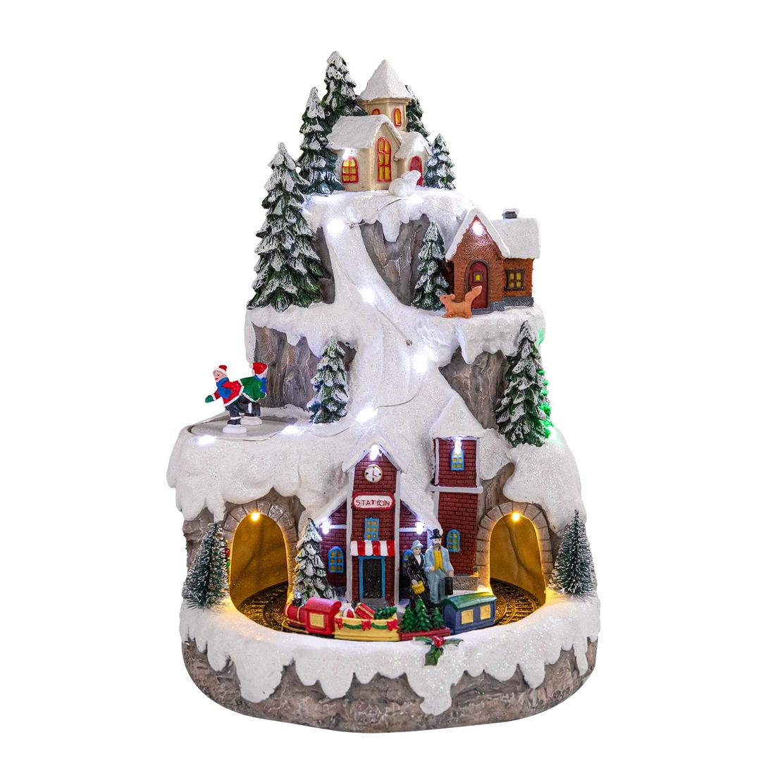 Christmas Village Buildings Decoration, Christmas Collectible Buildings Musical Christmas Village Snowy Mountain with LED Lights & 8 Music Christmas Animated Decorations