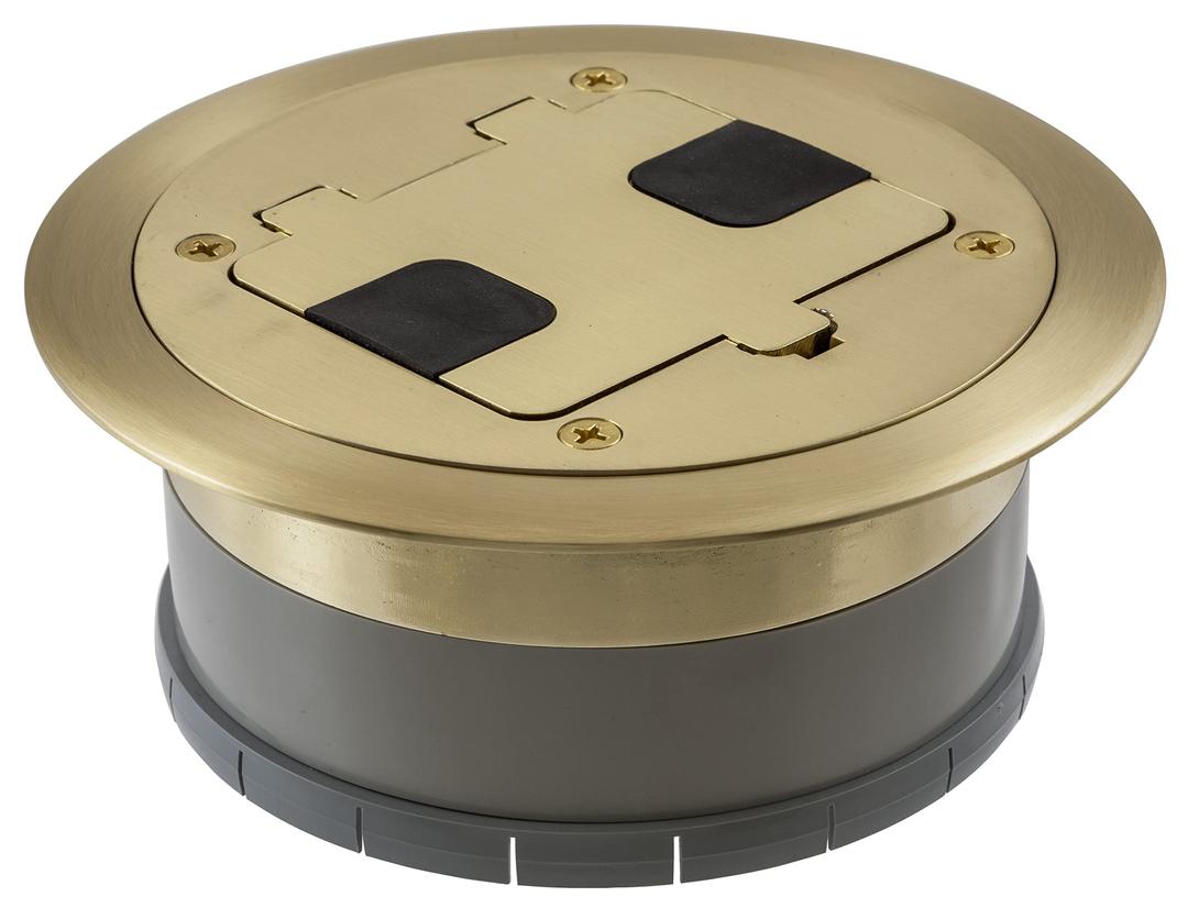 Bryant ElectricRF406BP Pre-Assembled Flange, Cover, and Leveling Ring for Floor Boxes Poured in Concrete with 15A 125V Outlet Included, Brushed Brass Plate Solid