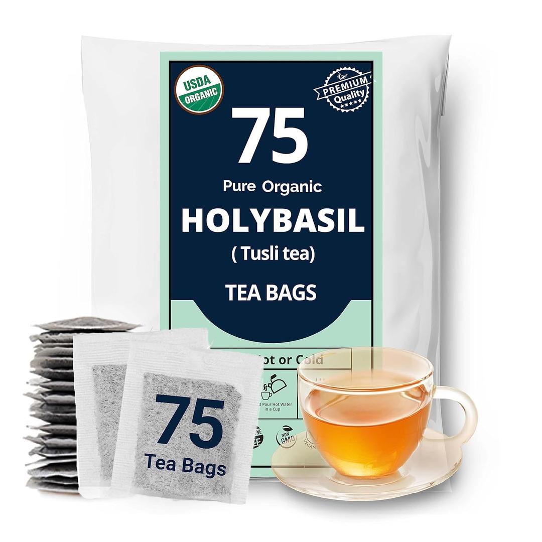 Akshit Organic Holy Basil Tea - 75 Holy Basil Tea Bags, Relax Tea, Premium Holy Basil Leaves, Loose Leaf Holy basil Herbal Tea, Sugar Free, Non Gmo, Caffeine-Free.