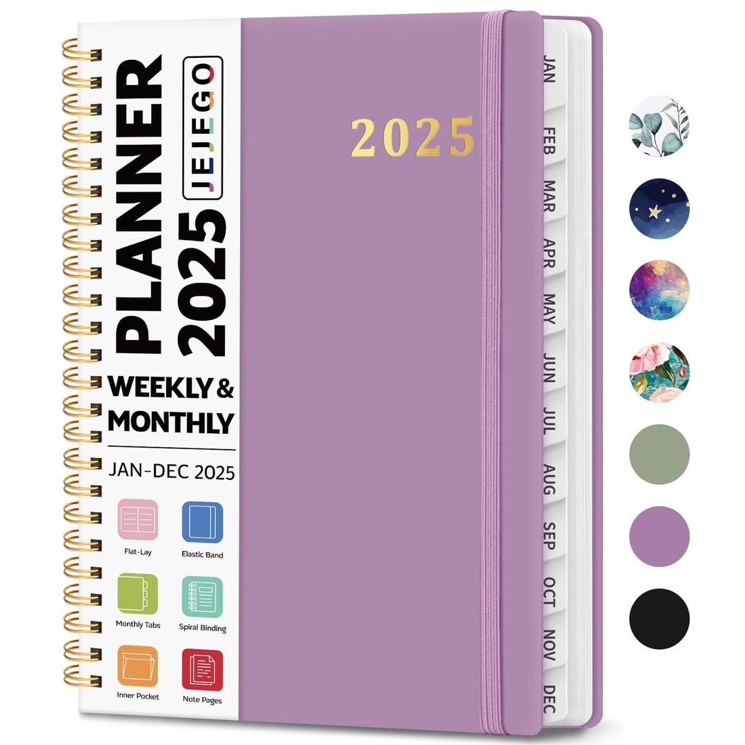 2025 Planner, Weekly and Monthly Calendar Planner Book, January 2025 - December 2025, HardCover Planner 2025 with Monthly Tabs, Notes Pages, Spiral Bound, Inner Pocket, A5 (6.4" x 8.5") - Purple