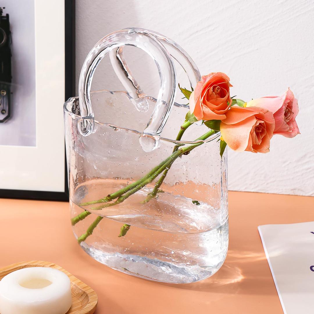 Fixwal Glass Purse Vase for Flowers, Clear Bag Vases with Handle, Unique Cute Handbag Shape Decorative Flower Vases with Fish Bowl for Centerpieces Home Table Shelf Decor Birthday Gift